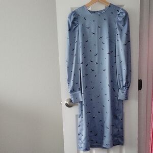 H&M Light Blue Long Sleeve Dress with Black Pattern